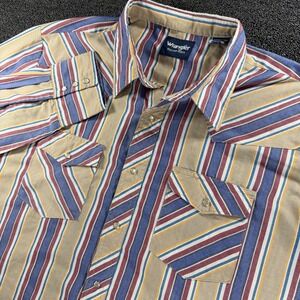 Vintage Wrangler Western Shirts Mens 2XT Tall Pearl Snap Striped Tan Blue Red